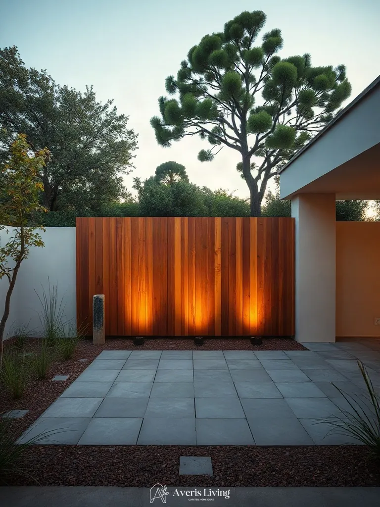 Rich cedar architectural screening framing a tranquil open backyard sanctuary.