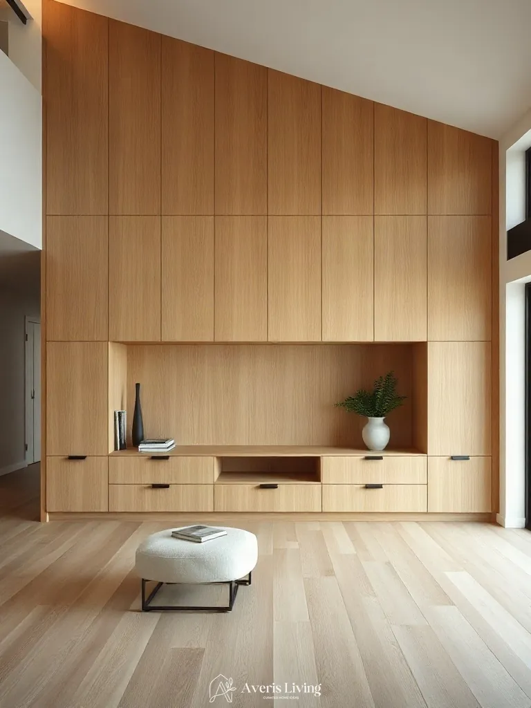 Rift-cut white oak cabinetry in minimalist wabi sabi decor interior