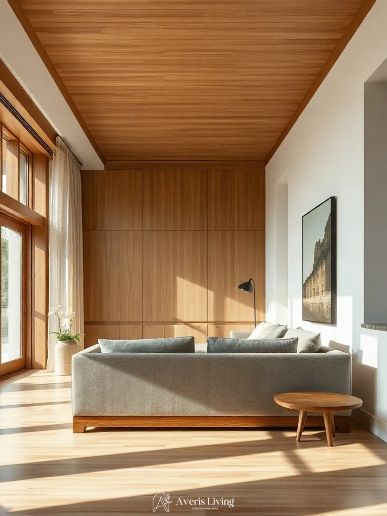 Rift-cut white oak details surrounding a low profile sofa japandi style