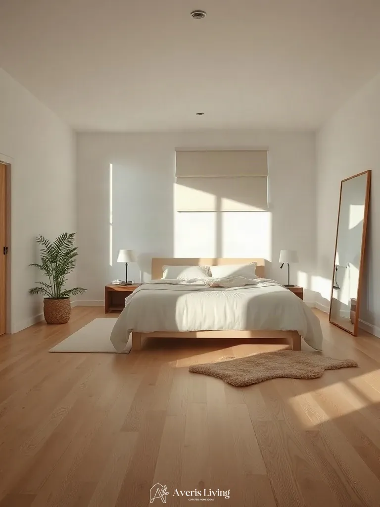 Rift-cut white oak surfaces in a neutral scandinavian bedroom