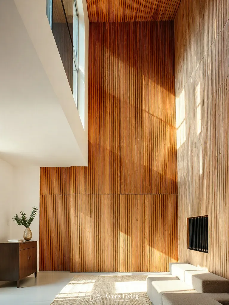 2700K cove lighting washing down a wood slat wall living room