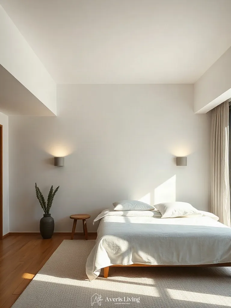 Sculptural architectural wall sconces in a neutral scandinavian bedroom