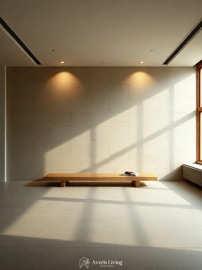 Floor uplighting and shadows in minimalist wabi sabi decor environment