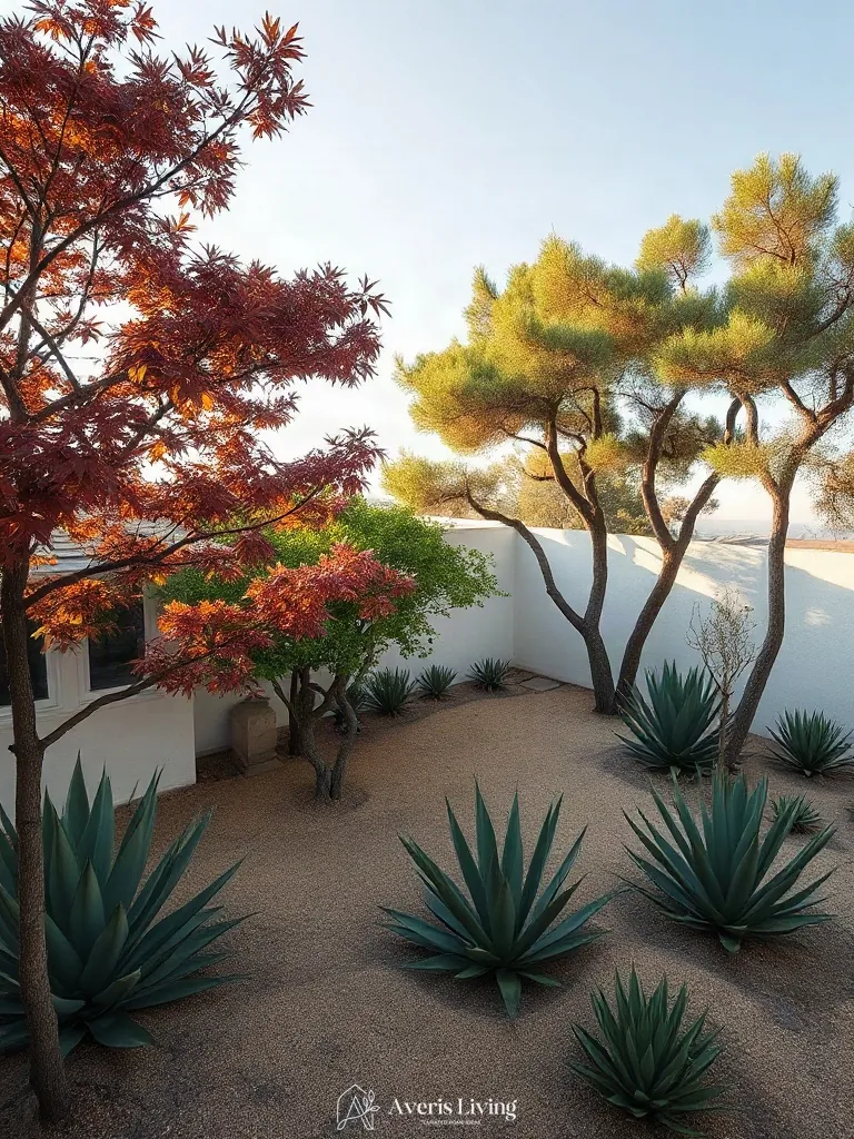 Sculptural specimen trees and architectural foliage in an open backyard landscape.