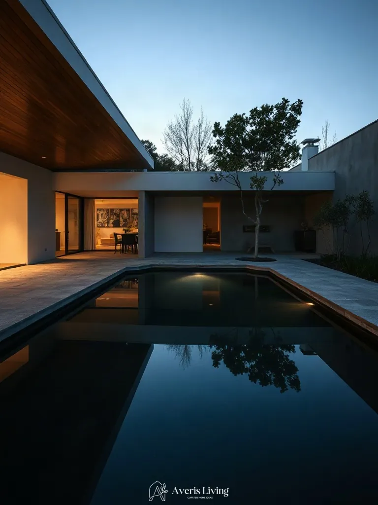 Minimalist black granite reflecting pool in a serene open backyard landscape.