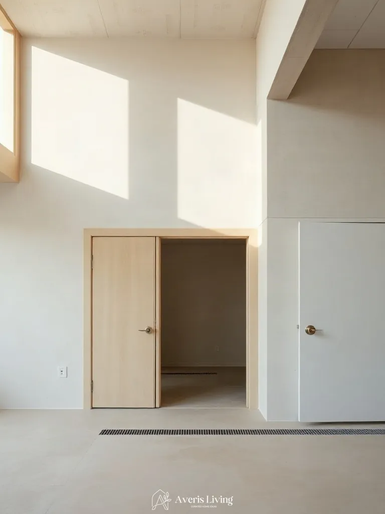 Flush pocket doorways and structural framing in minimalist wabi sabi decor