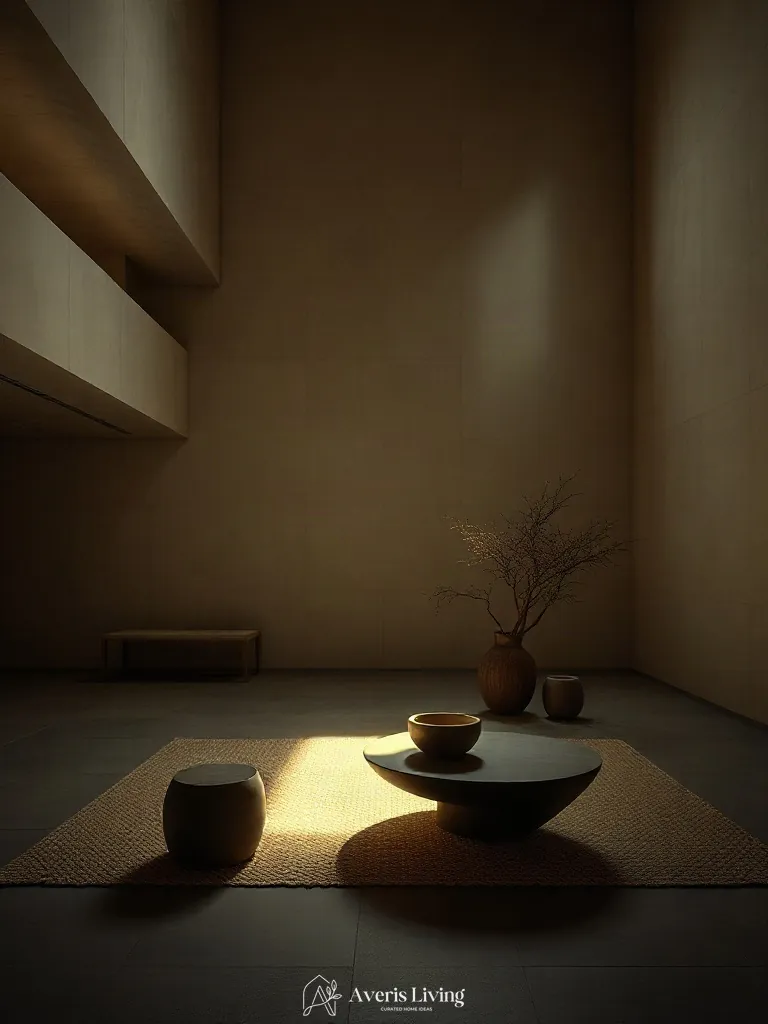 Dramatic shadow play and lighting highlighting storage coffee table designs in a luxury home.