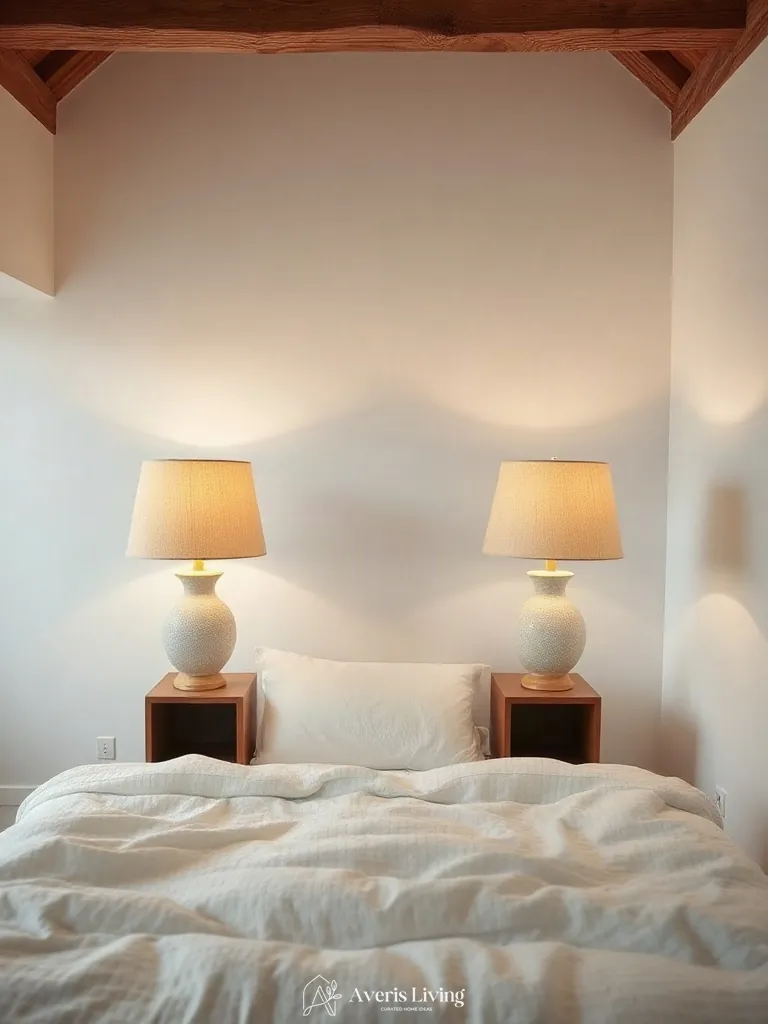 Soft bedside table lamps in a neutral scandinavian bedroom