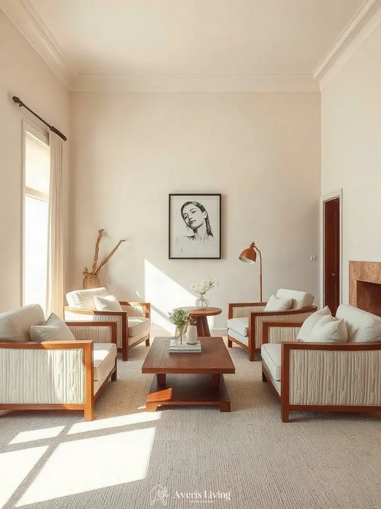 Textural contrast between solid wood storage coffee table designs and bouclé seating.