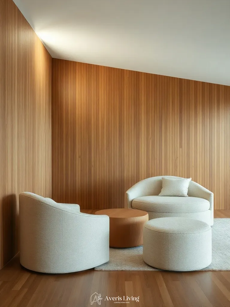 Cream bouclé upholstery in a wood slat wall living room