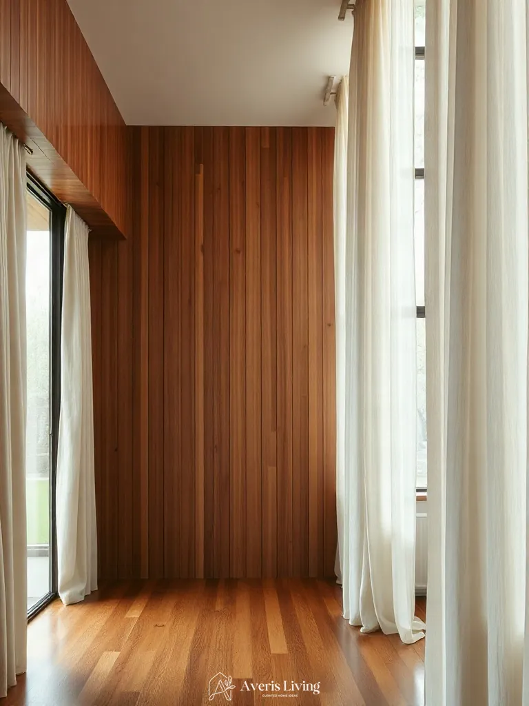 Heavyweight linen textiles in a wood slat wall living room