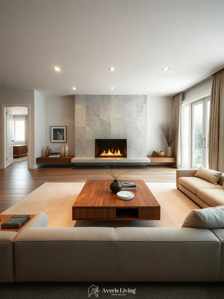 Elevated view of a luxury living room floor plan featuring architectural storage coffee table designs and natural furniture flow.