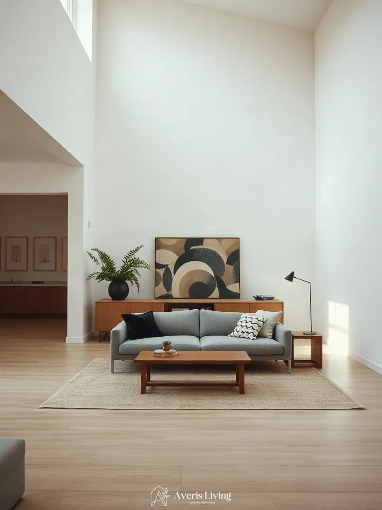 Spatial zoning layout featuring a low profile sofa japandi style in an open plan