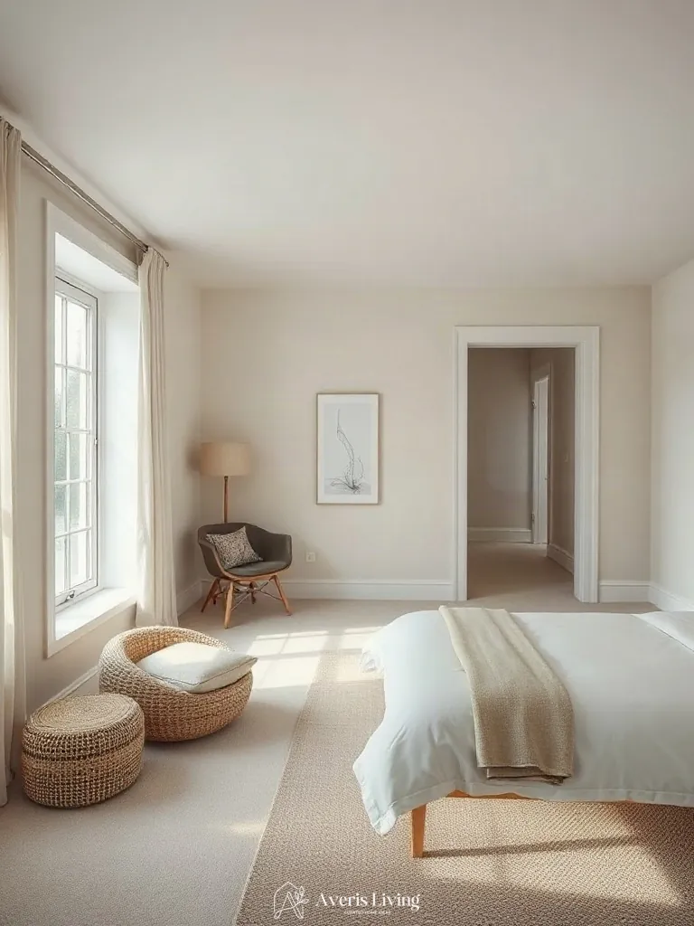 Spatial zoning and floor layout in a neutral scandinavian bedroom