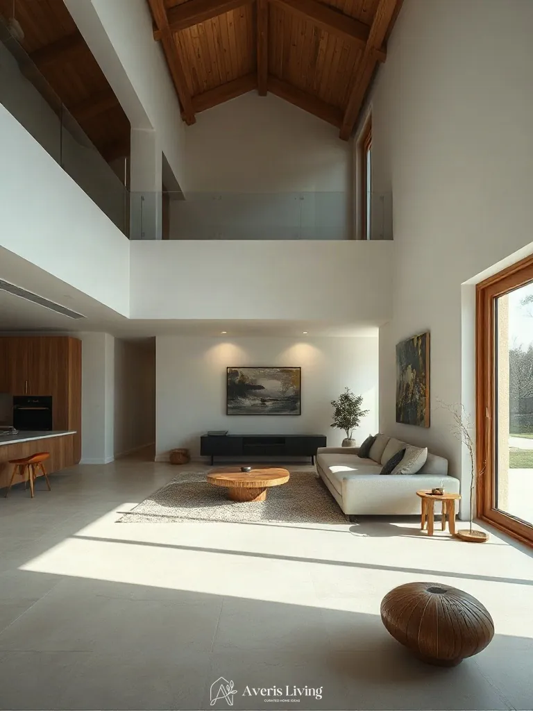 Open plan spatial zoning featuring minimalist wabi sabi decor and low-profile furniture