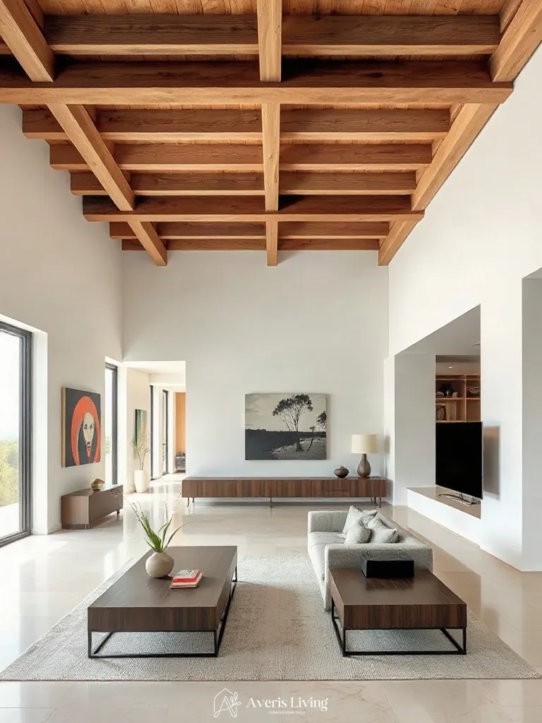 Exposed structural ceiling framing mirroring the precise geometry of storage coffee table designs.