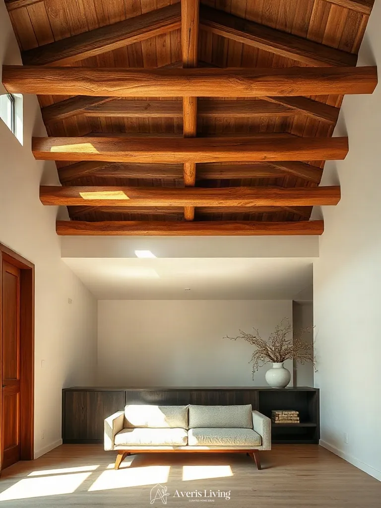 Ceiling architecture hovering over a low profile sofa japandi style