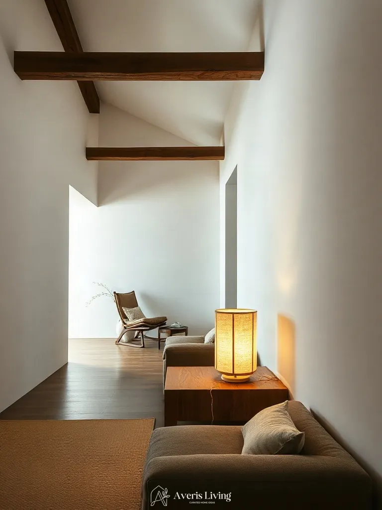 Paper shade table lamp within minimalist wabi sabi decor interior