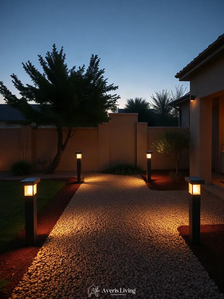Subtle bollard pathway lighting creating an ambient glow in an open backyard garden.