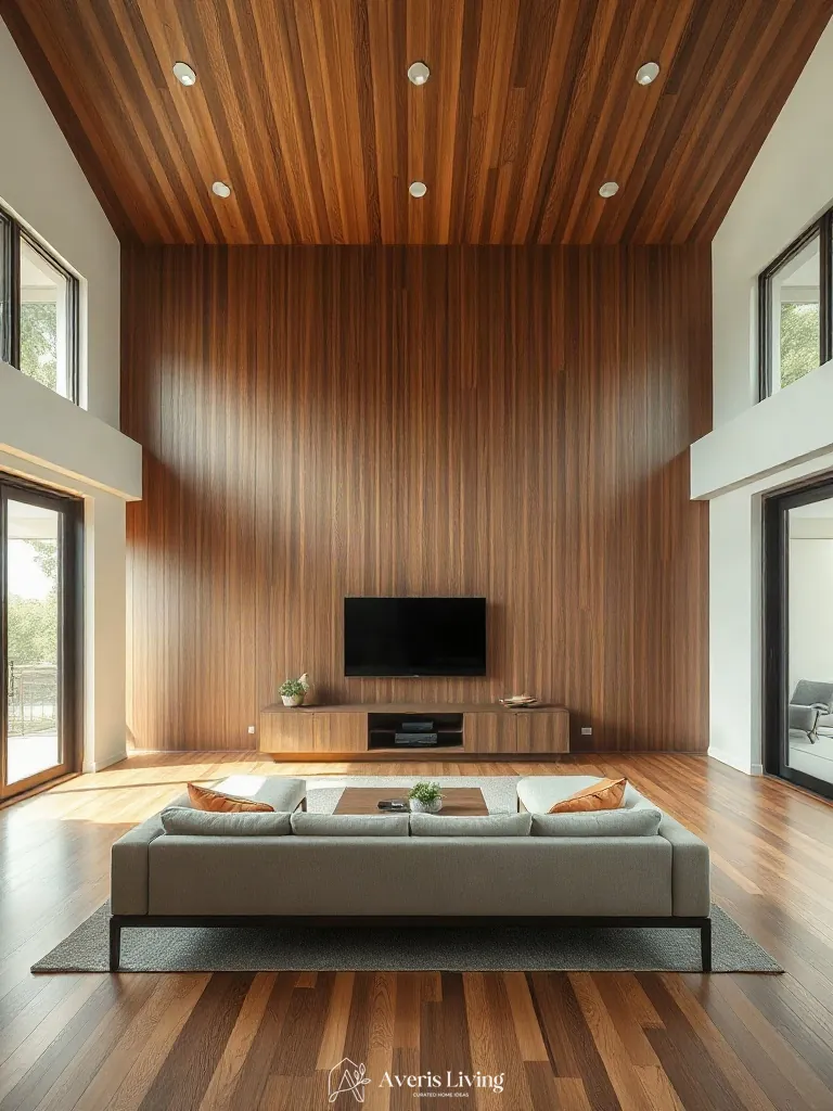 Symmetrical furniture arrangement in a wood slat wall living room