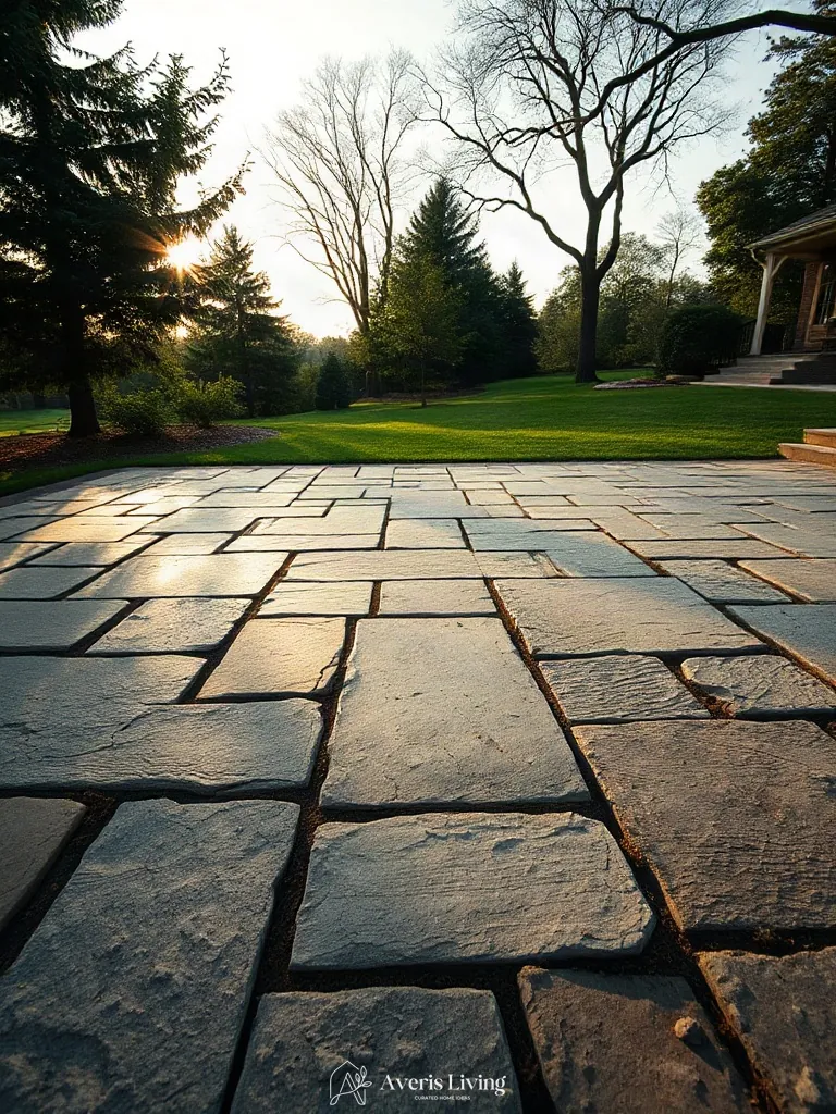 Textured flagstone paving covering the expansive ground plane of a modern open backyard.