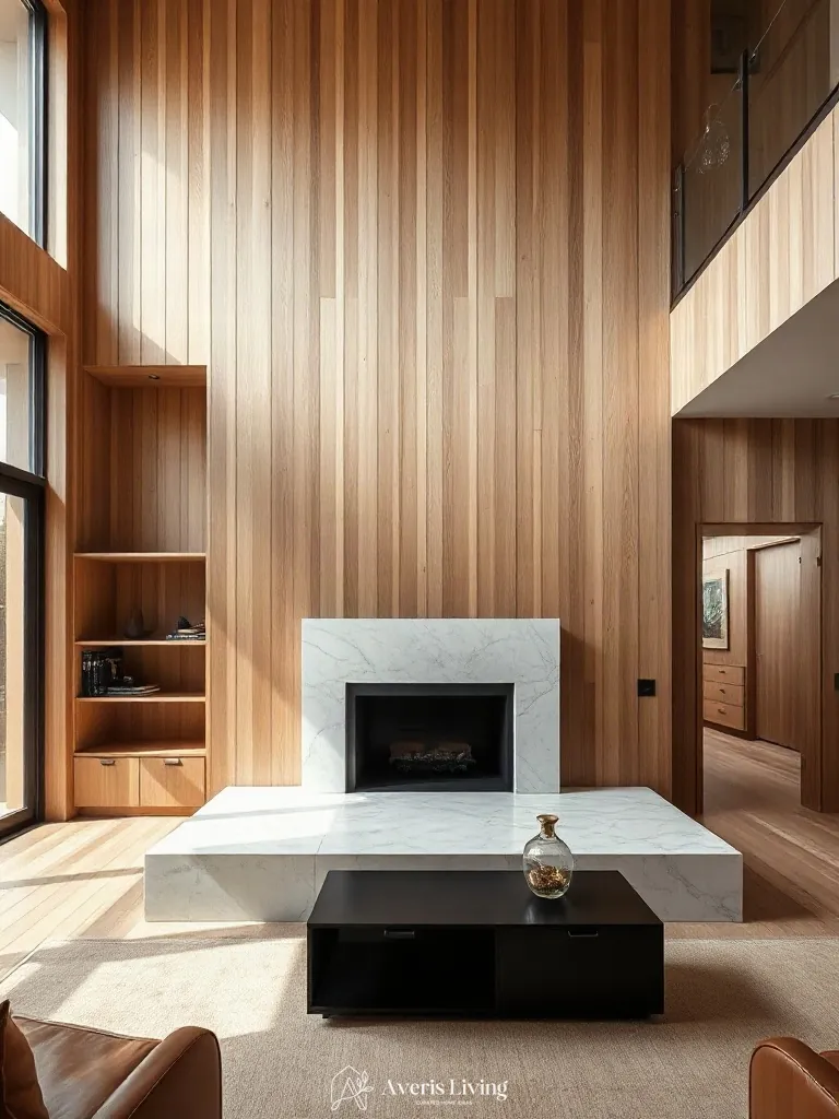 Honed marble and rift-cut oak in a wood slat wall living room