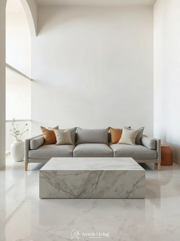 Honed marble and oak details near a low profile sofa japandi style
