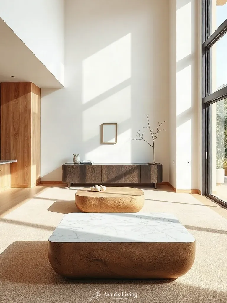 Tactile mix of honed marble and rift-cut white oak in high-end storage coffee table designs.