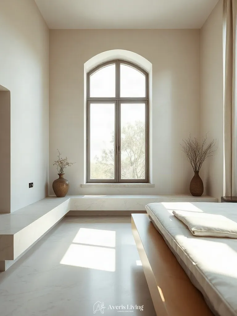 Tactile layering with honed marble in a neutral scandinavian bedroom