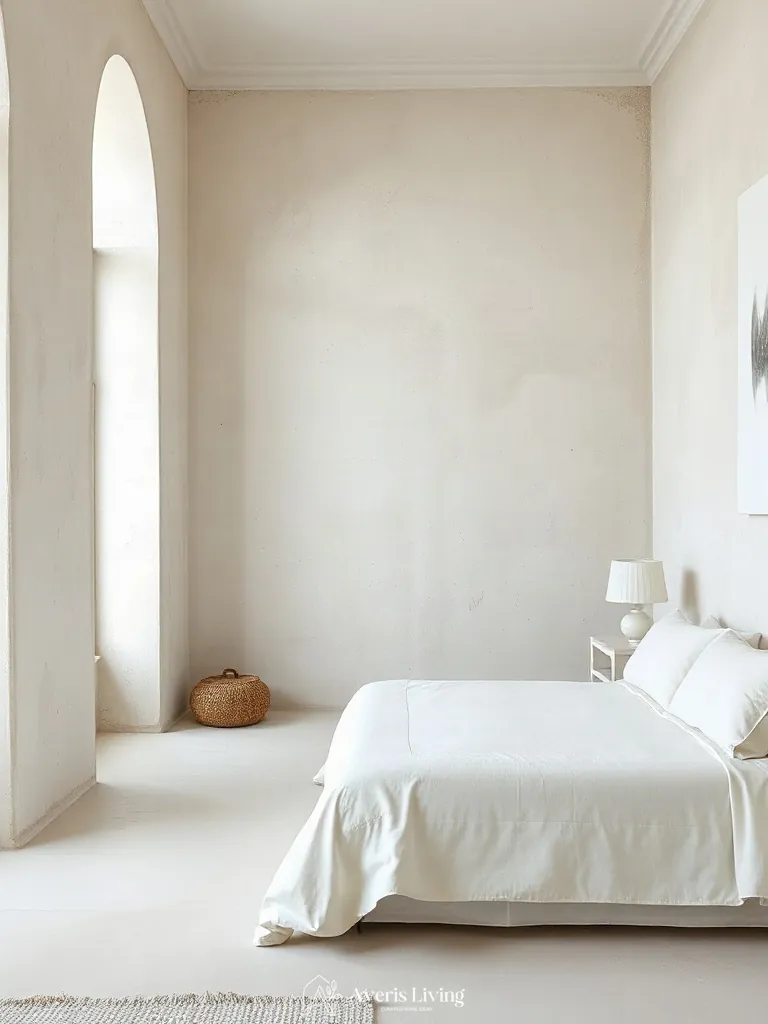 Textured lime-wash plaster walls in a neutral scandinavian bedroom