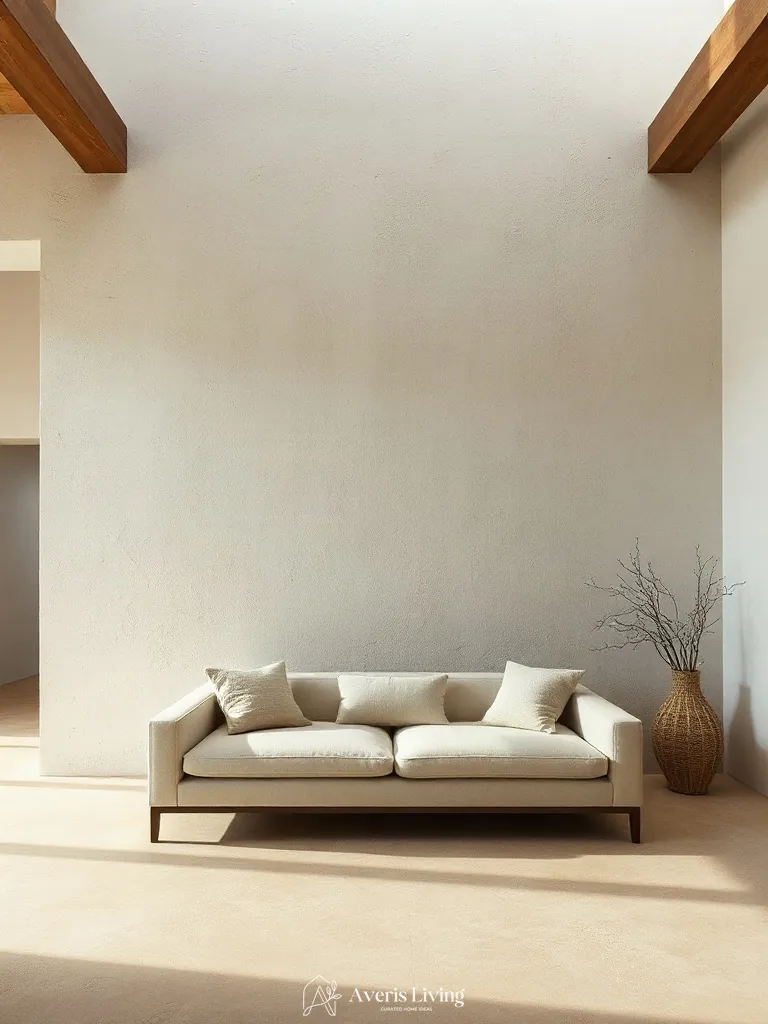Lime-wash plaster wall paired with a low profile sofa japandi style