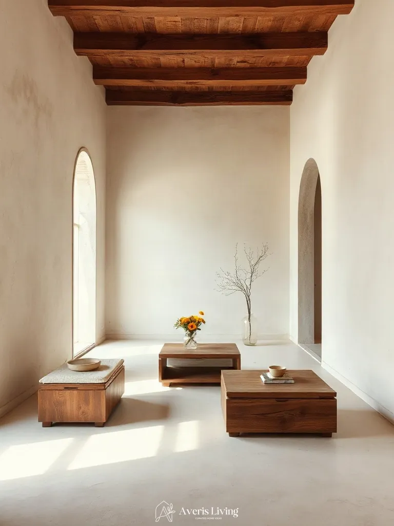 Venetian plaster walls complementing organic storage coffee table designs in a calm interior.