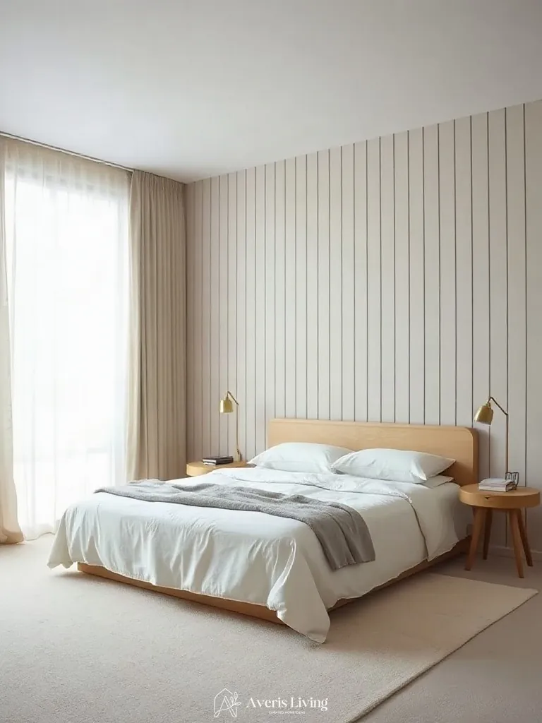 Vertical fluted wall details in a neutral scandinavian bedroom