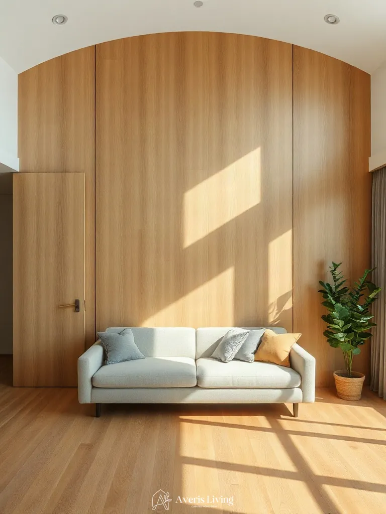 Vertical wood paneling as a backdrop for a low profile sofa japandi style