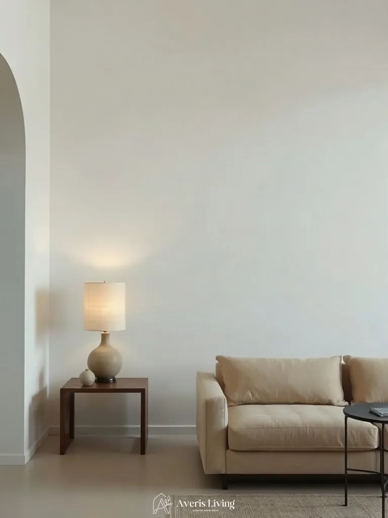 Wabi-sabi table lamp beside a low profile sofa japandi style