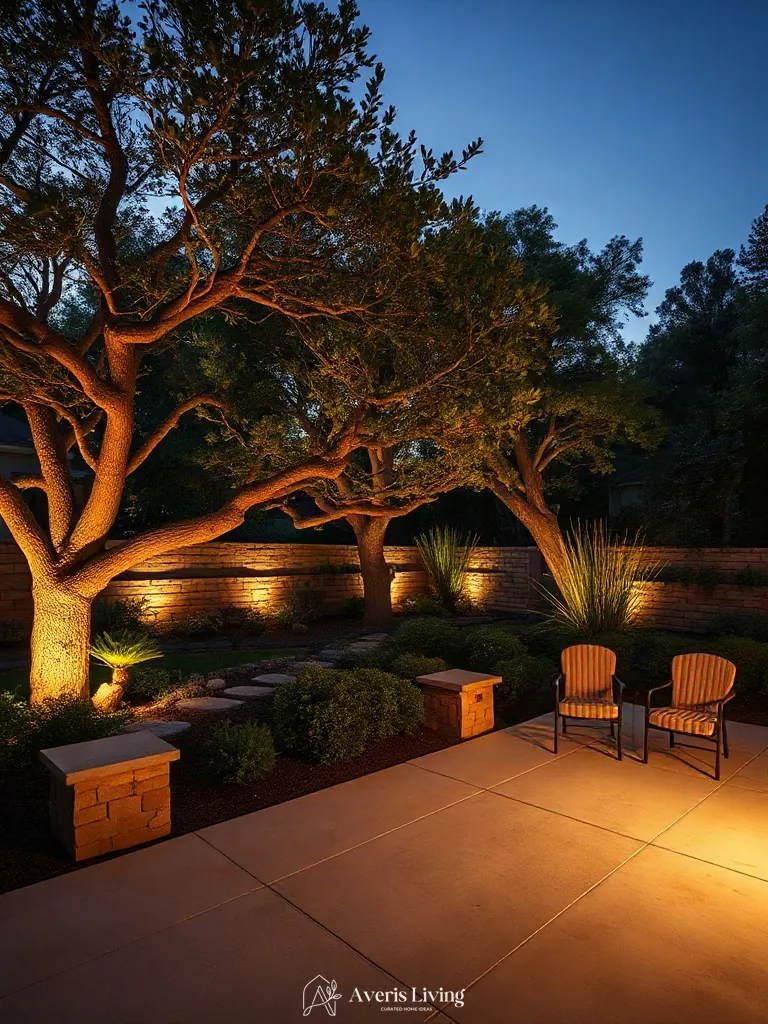 Warm 2700K exterior landscape lighting illuminating an open backyard during dusk.